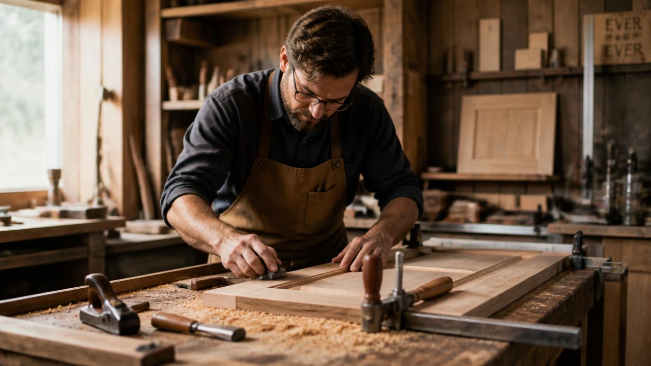 Craftsman building a custom cabinet door